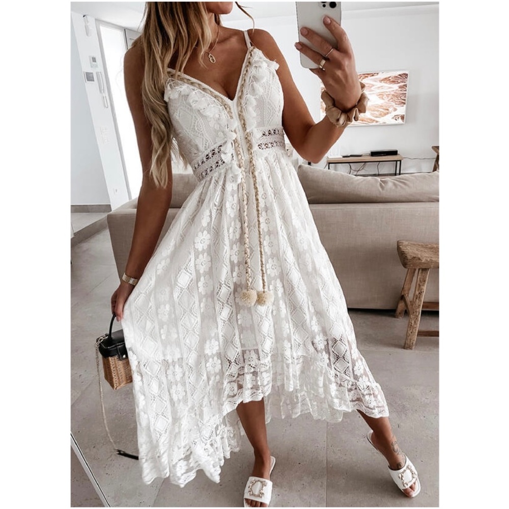 01 Boho Embroidered Floral Tassel Lace Cami Maxi Dress - Picture 5 of 10